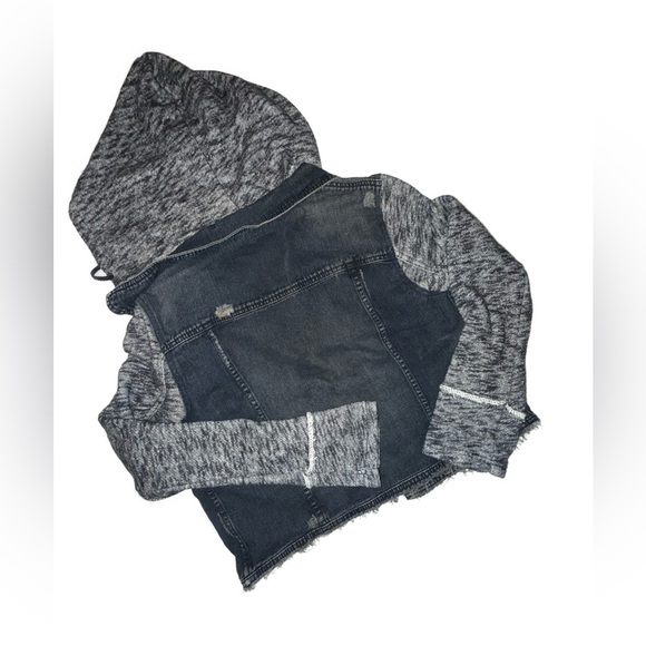 Free People Washed Black Denim Knit Hoodie Jacket 100% Cotton Size L - Picture 4 of 10